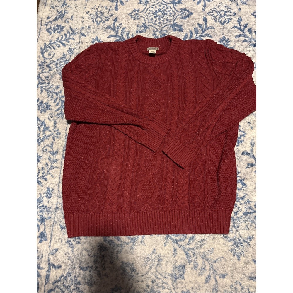 LL Bean Sweater Mens L Red Fisherman Heavy Knit Organic Cotton Roll Neck LS